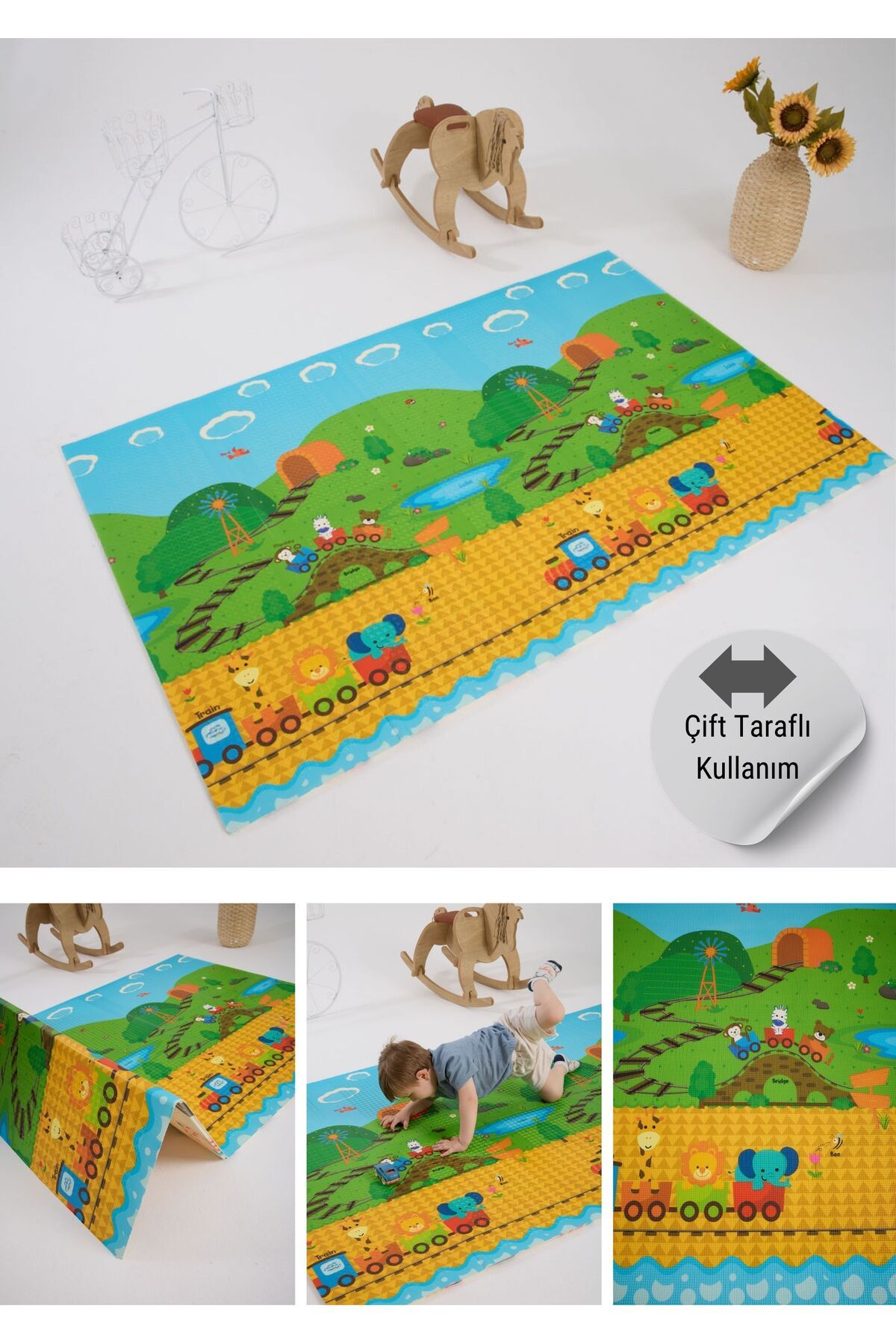 Katlanabilir Çift Taraflı Oyun Matı-Oyun Halısı 200x130x1cm (TAŞIMA ÇANTALI)